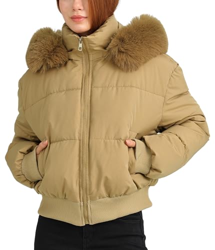 [Maeau] ダウンコート レディース ファー付き フード 取り外し可 ショートダウン 暖かい ウエストマーク スタンドカラー 軽量 もこもこ 大きいサイズ アウトドア 普段着 秋冬 カーキ L