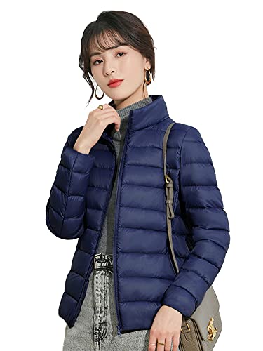 CLAZOLIY ウルトラライト ダウンジャケット レディース ライトダウン 暖かい 軽量 防風 防寒 ダウンコート コンパクト収納 CL108 (JP, アルファベット, L, 襟·ネイビー)