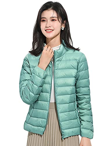 Wnodruke ダウンジャケット レディース ウルトラライト ダウン コート 軽量 防寒 暖かい コンパクト収納 WN004 (S, 襟•グリーン)