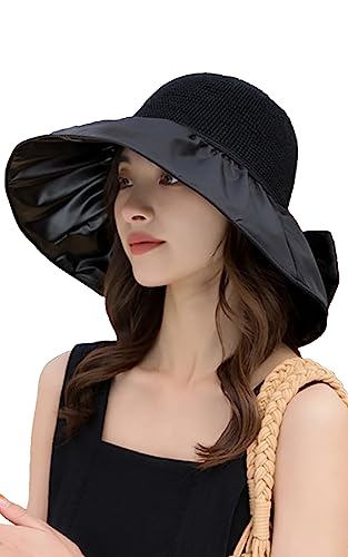 [Angel's Closet] 帽子 レディース 日焼け防止 涼しい 首の後ろ ひも付き 折り畳み 収納袋付き リボン UVカット つば広 麦わら帽子 日除け 紫外線対策 (ブラック)
