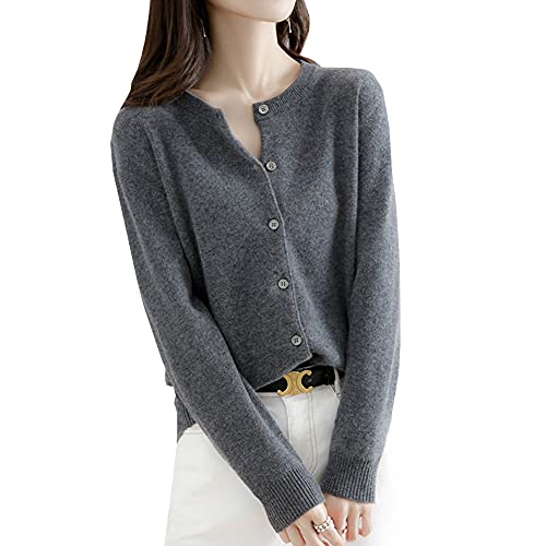 zuevi カーディガン レディース クルーネック セーター ニット 長袖 無地 春秋冬(ZJP0061DG-M)