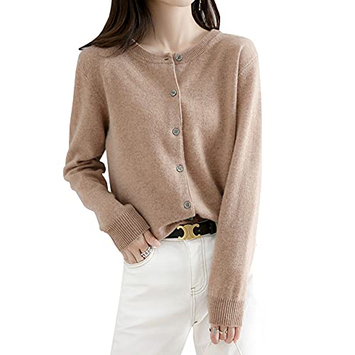 zuevi カーディガン レディース クルーネック セーター ニット 長袖 無地 春秋冬 (カーキ, M)