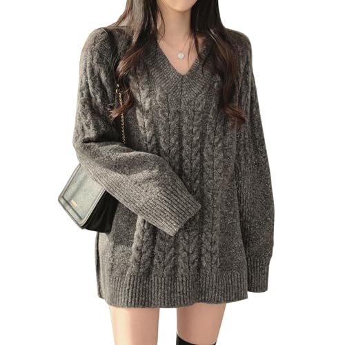 [OGCPWYQZ] セーター レディース Vネック ニット トップス ゆったり ロング 大きめ オーバーサイズ ケーブル編み プルオーバー 柔らかい あたたかい おしゃれ カジュアル通勤 上品 無地 秋 冬