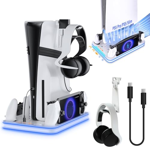 PS5 Pro/PS5/PS5 Slim対応 縦置きスタンド ps5 Pro/ps5 コントローラー 充電スタンド【新登場 PS5 pro/slim対応・収納・充電・冷却】 3段階冷却ファン 3台同時充電 転倒防止 雰囲気ライト 地震対策 PS5 周