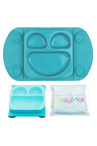 ひっくり返らない ベビー食器セット【 EasyMat ミニ (ティールブルー) 】 離乳食 5つの吸盤で安定力UP ..