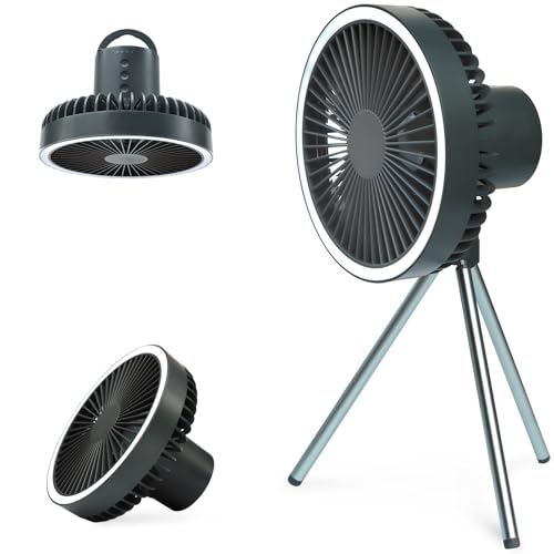 KANIYA キャンプ 扇風機 【10000mAh電池内蔵】LEDライト付き 35時間連続使用可能 多機能 1台3役【卓上・吊り下げ・スタンド式】風量3段階調節 Type-C充電 小型 軽量 静音 省エネ 熱中症対策 (ダーク