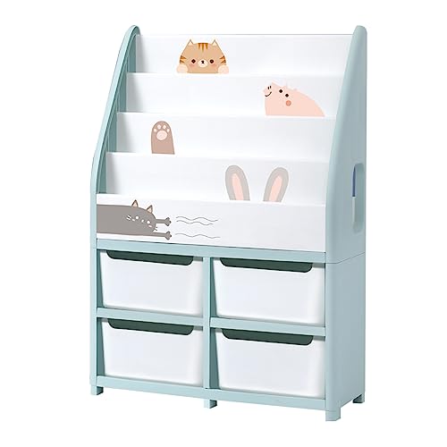 PonyLes 絵本棚 絵本ラック 椅子付き 倒れ防止設置追加 大容量ラック 200冊収納でき 組み立て簡単 角丸..