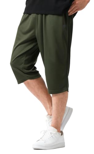 [ディスカス]ジャージパンツ メンズ 夏 7分丈 メッシュ 吸汗速乾 ハーフパンツ ジャージ 下 クロップド ボトムス イージーパンツ 速乾 ドライ スポーツ トレーニング カーキ LL