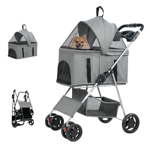 ZOOBLY ペットカート 分離型 対面式可能 4輪ペットカート 3way 折りたたみ 多頭 中型犬 小型犬 耐荷重25KG 前輪360°回転 後輪ブレーキ付き 犬カートキャリバッグ ペット用 介護 お出かけ 旅行 (グ