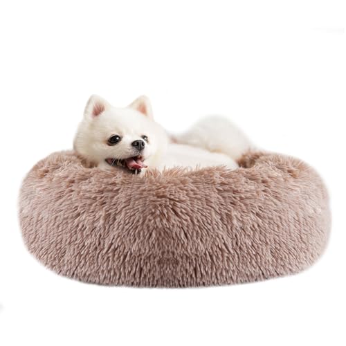 Epochtech 猫ベッド 犬ベッド ふわふわ ラウンド型 暖かい ペットクッション 滑り止め 防寒 洗濯可能 子犬 猫用 サイズ選択可 (50cm, ベージュブラウン/取り外し可能)