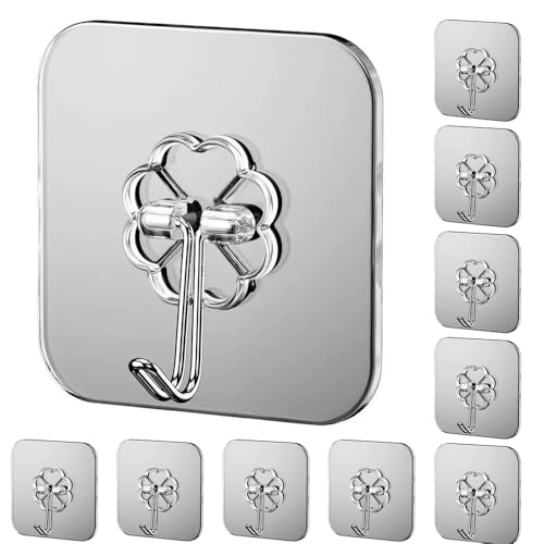 粘着強力フック 壁掛けフック 【10枚セット】 耐荷重15KG 工事不要 透明 再利用可能 透明 防水 耐油 バ..