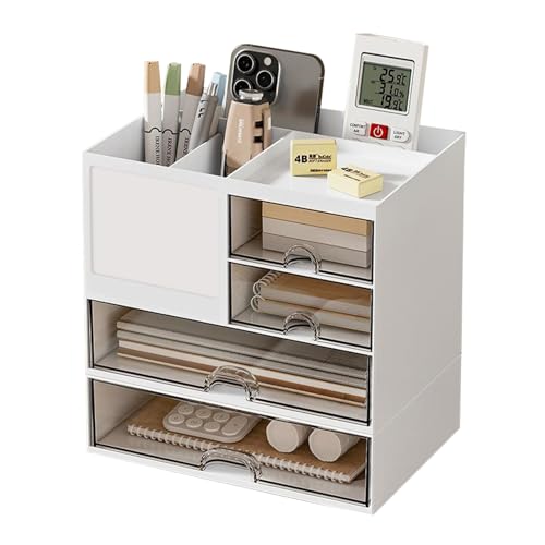 VARMHUS デスクオーガナイザー 4引き出し付き ペン立て 8グリード分類 デスク収納ボックス 多機能卓上収納 組立不要 大容量 小物入れ 卓上収納 リモコン 事務用品 文房具収納 化粧品収納 家庭