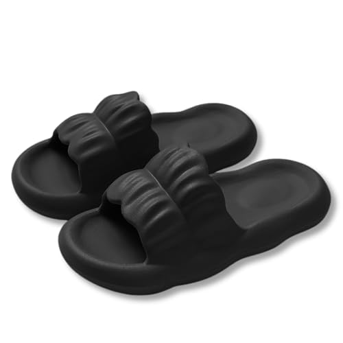 [ALVEIN] スリッパ サンダル マシュマロ ベランダサンダル フリル マカロン 厚底 室内 静音 EVA 滑りにくい もこもこ ふわふわ 柔軟性 通年 クッション性 ルームシューズ ユニ トイレ (ブラック,