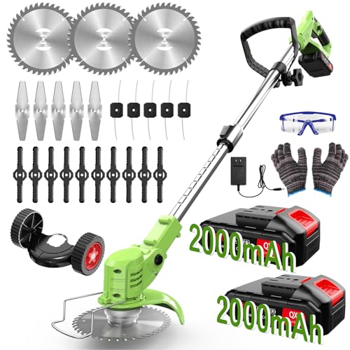 草刈り機 充電式草刈り機 1880W高出力 21V 2*2000mAh大容量 強力電動草刈機 連続駆動40-50分 補助車輪付き 伸縮式 3段階で角度調整可能 多種類替刃付属 二重安全ロック 軽量アルミ合金製 家庭用業