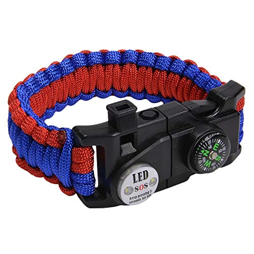 多機能 パラコードブレスレット LEDライト ホイッスル付 レッド&ブルー