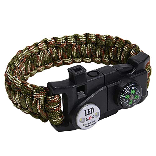 多機能 パラコードブレスレット LEDライト ホイッスル付 OD&レッド&ホワイトカモ
