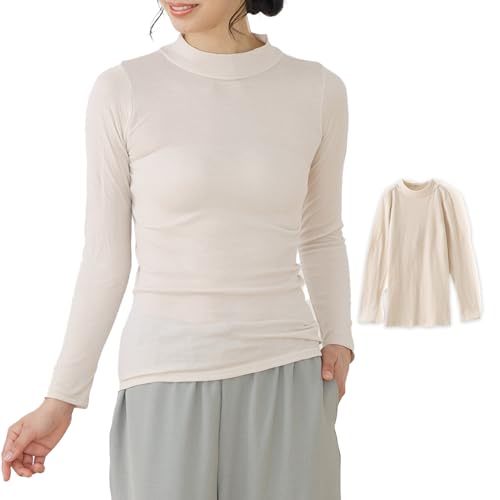 [白鷺ニット] 日本製 綿100% 綿ガーゼ ハイネック インナー シャツ 長袖 レディース スーピマコットン 秋冬 防寒 肌着 G5054P-E (JP, アルファベット, M, ベージュ)