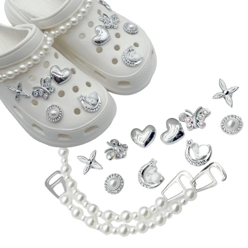 ホワイト パール 12個 クロックス ジビッツ ハート チェーン シューチャーム ラグジュアリー クロッグ..