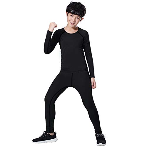 [Nesseo] キッズ コンプレッション ウェア 上下セット スポーツ インナー シャツ タイツ 保温 [吸汗速乾・加圧保護] 2001+101Rblk-blk-150