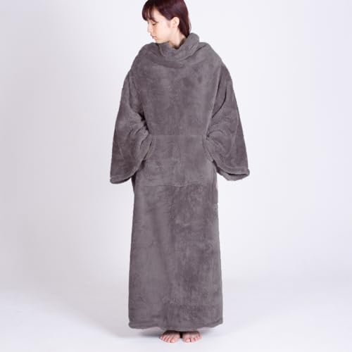 WIGWAM(ウィグワム)羽織れるブランケット 着る毛布 ダークグレー (幅136×身丈150cm) ルームウェア 防寒 男女兼用 前ポケット付き ボタンタイプ