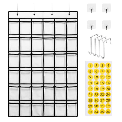 Cluoling ウォールポケット カレンダーポケット クリア 多目的ポケット 透明ポケット 日付シール付き ドアフック4個付き 吊り下げ ポケット 36ポケット ホワイト