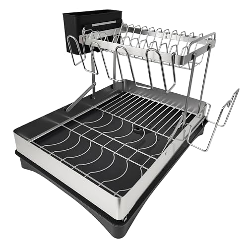pupustar ステンレス水切りラック 2段折りたたみ 食器乾燥ラック 360度回転延長排水槽 強化支柱 キッチ..