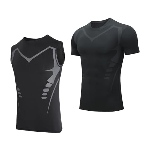 [EZATING] 加圧シャツ メンズ 半袖 タンクトップ 2点セット ノースリーブ シェイプウェア 伸縮性 通気性 [UVカット・吸汗速乾] アンダーシャツ ランニングウェア スポーツ トレーニング 接触冷