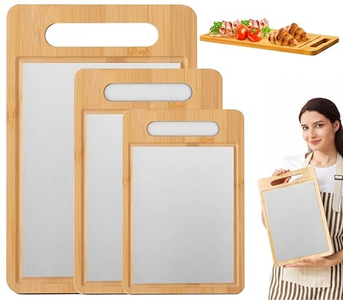 Korekaou 竹製 まな板 304ステンレス まな板 両面使用 天然竹 環境に優しい 塗装なし 抗菌 速乾性 菜板 キッチンパネル (39*28cm)