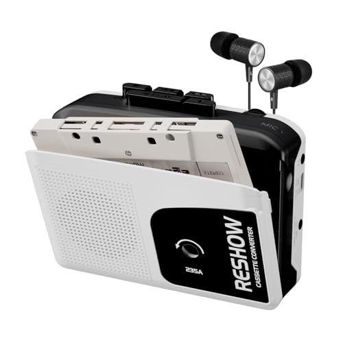 Reshowカセットプレーヤー、イヤホン付きコンパクトテーププレーヤーポータブルレコーダー、USB MP3変..
