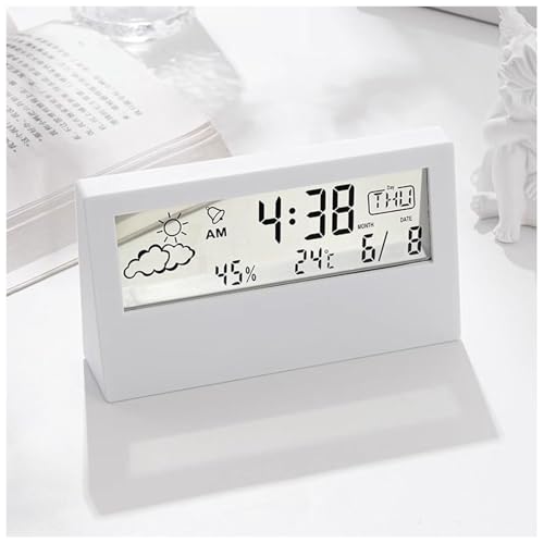 目覚まし時計 デジタル時計 多機能 おしゃれ ベッドルーム用置き時計 温度計 湿度計 日付/週/秒表示また 見やすい 子供 プレゼント 部屋飾り リビングルーム用 (ホワイト 夜光機能なし)