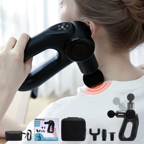【0-90度角度調整可能】Deestop miniハンディガン 2WAY仕様 筋膜リリースガン 背中リリースガン 5段階強力振動 Type-C 静音 4ヘッド付属 プレゼント Black 収納ケース&日本語取扱説明書付き (Black-Trian