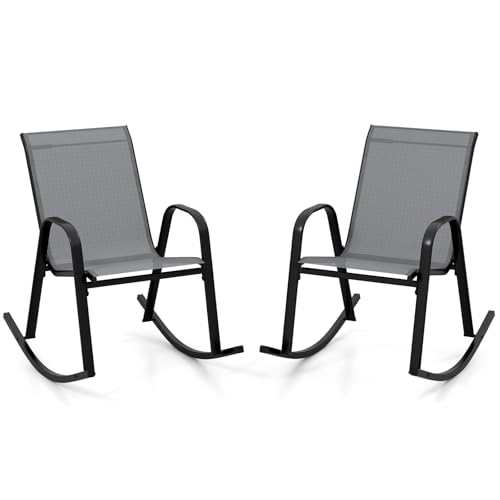 TANGKULA ガーデンチェア 2脚セット 肘掛け 耐荷重150kg ラウンジチェア パティオロッキングチェア 屋外用 揺れる椅子 快適な座り心地 通気性 耐久性 安定性 滑り止め 組み立て簡単 (グレー)