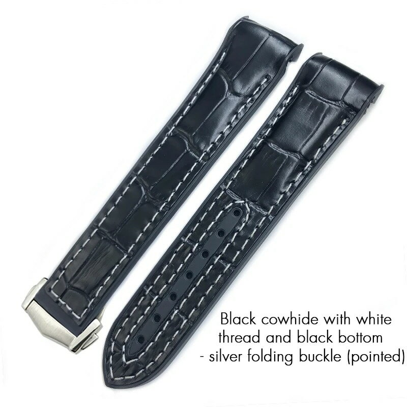腕時計 ベルト オメガ互換 レザー バンド 【 ブラックホワイトライン 】 19mm 20mm 21mm 22mm シーマスター300 600 スピードマスター プラネットオーシャン 汎用 ラウンドバックル ポインテッドバックル 工具付