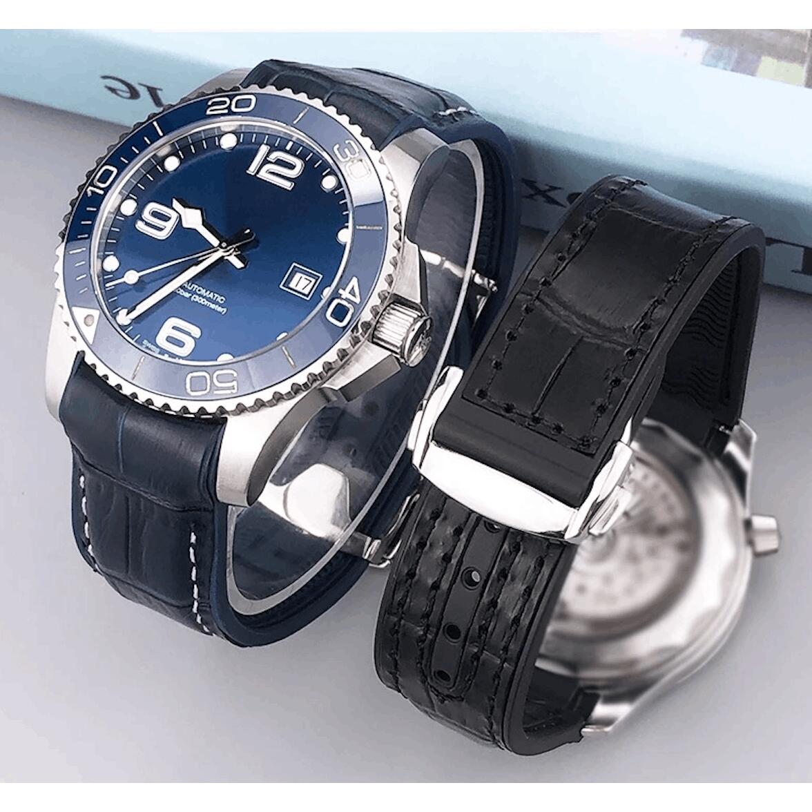 腕時計 ベルト オメガ互換 レザー バンド 【 ブラックホワイトライン 】 19mm 20mm 21mm 22mm シーマスター300 600 スピードマスター プラネットオーシャン 汎用 ラウンドバックル ポインテッドバックル 工具付