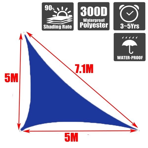 タープ 高品質 300D おすすめ タープテント ロープ 西洋風 庭 ベランダ テラス 窓 玄関 雨 風 日よけ サンシェード オーニング すだれ 目隠し おしゃれ 三角形 紫外線 丈夫 張り方 取り付け 簡単 バーベキュー キャンプ アウトドア 避難所 ブルー 5mx5mx7.1m