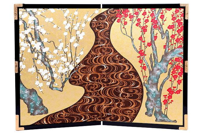 友禅和紙工芸品 15号二曲絵屏風 紅白梅 60cm幅 日本製 送料無料 ギフト インテリア 飾り 衝立