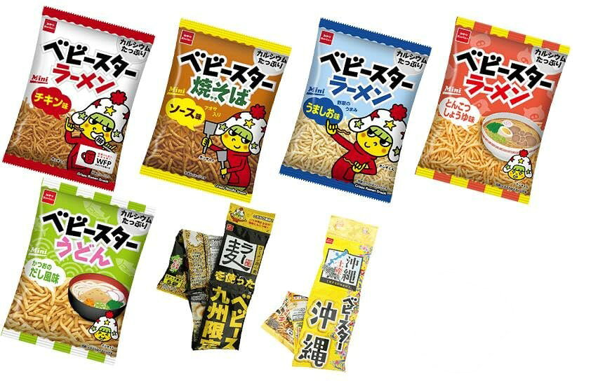 ベビースターラーメン ミニ 7種アソートセット チキン味 ×5 ソース味 ×5 うましお味 ×5 とんこつしょうゆ味 ×5 かつおのだし風味 ×5 ラー麦を使った 九州限定とんこつラーメン味 ×5 ベビースター沖縄そば （ ラフテー風味 ） ×5 各5袋 (合計 35袋)のサムネイル