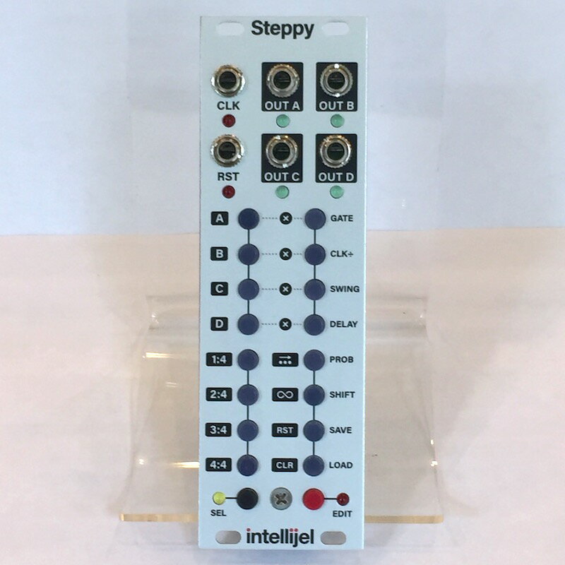 Steppy 3Uは1Uスサイズで好評だったの4トラックのGateシーケンサーモジュールのユーロラック(3U)版です。 【Feature】 Steppyの4つのトラックは最大64ステップのシーケンスが作成可能で、さらに8つのパターンを保存することができます。 シーケンスの長さはトラック単位で設定が可能なのでポリリズムも簡単に作ることができます。 基本的な操作はLEDインジケーター内蔵の16個のボタンで行います、黒いSELECTボタンと赤いEDITボタンとの組み合わせで様々な設定を行うことができます。 【Interface】 ■CLKインプットジャック Steppyのシーケンスのテンポを決めるクロック信号のインプットジャックです。 Steppyは外部クロックを入力しないと走行しません。 ■RSTインプットジャック 外部からのリセット信号入力用のジャックです。 ここにGate/Triggerが入力されると1ステップ目にリセットされ走行を続けます。 ■SELECTボタン このボタンを押すと16のステップボタンの左側に書かれている黒地で記載されている文字の操作を行うSelectモードになります。 この時SELECTボタン左の黄色のLEDが点灯しステップボタンは黄色に光ります。 ■EDITボタン このボタンを押すと9〜16ステップボタンの右に表記されている操作を行うEditモードになります。 この時EDITボタン右の赤色のLEDが点灯しステップボタンは赤色に光ります。 ■ステップボタン1〜16 シーケンスの入力やSelect/Editモード時の設定操作に使用します。 緑色に光っている場合、Playモードとなり16のステップのオンオフとなります。 1ステップ目は左上のボタンです。 ■アウトプット・ジャックA,B,C,D 4つのトラックのGateシーケンスを出力します。 【Function】 Steppyへのシーケンスの入力はPlayモードで16ステップのボタンを押すだけで現在選択されているトラックのシーケンスを入力することができます。 ラスト・ステップの設定はトラック毎に1〜64ステップの範囲内で可能でラスト・ステップにしたいステップボタンを長押しすることで設定が可能です。 その時、ラスト・ステップ以降に入力されているステップがある場合、そのステップボタンは黄色に点灯します。 16ステップ以上の長さのシーケンスを入力する場合は後述すつ表示ページ選択で任意の範囲を選択し好きなステップボタンを長押ししてください。 ■Selectモード SELECTボタンを押すことによりトラックの選択、トラック毎のミュート等の設定が可能です。 ・トラックの選択 現在選択されているトラックは1〜4ステップボタンで表されます。ステップを変更する場合は任意のボタンを押してください。 ・トラックのミュート 9〜12ステップボタンはトラック選択の位置と一致しており、これらのボタンが点灯している場合対応したトラックの出力はミュートされます。 ・Playモード時の表示ページ選択 5〜8ステップボタンはプレイモード時にステップボタンが表示するリズム・パターンを1〜16,17〜32,33〜48,49〜64ステップのどの位置か選択します。 ・Page Follow機能 13ステップ目のボタンを押して点灯させるとPage Folloがオンになり、ラスト・ステップが16ステップより長く設定されている場合にPlayモードでの表示が自動的に現在のステップ範囲に変わります。 ・Loopy機能 14ステップ目のボタンを押して点灯させるとLOOPYモードとなり、Playモード時にステップボタンを押しシーケンスの入力ができなくなる代わりに2つのボタンを押せばその間の範囲でのシーケンスを、1つだけボタンを押した場合はそのステップだけを連打します。 ・RESET 15ステップ目のボタンを押すと全てのトラックは1ステップ目にリセットされます。 これはRSTジャックに信号を入力したときと同じ動作になります。 ボタンを長押しするとSteppyがGateを出力した状態で停止した時等に出力をオフにするパニック機能として動作します。 ・CLEAR 16ステップ目のボタンを押すと現在選択されているトラックのシーケンス情報が全てクリアされます。 この時後述するディバイド等のEditモード時の設定はクリアされません。 Editモードの設定もクリアする場合はボタンを長押ししてください。 ■Editモード EDITボタンを押すことにより各トラックのGateレングス、ディバイドレート、Swing、Gateディレイ、Probability(確率)、Shift、そして各種設定を含む4つのトラックパターンのSave、Loadが可能です。 ・Gateレングス 9ステップ目のボタンを押すと選択されているトラックから出力されるGateの長さを設定します。 9ステップ目のボタンが点滅している状態で1〜8ステップボタンにより値を設定します。 1ステップ目のボタンだけが点灯している場合入力されたクロック信号と同じ長さのGateが出力され、2〜7ステップの範囲では絶対的な長さのGateとなり短いGateから長いGateとなり8ステップ目まで点灯させるとTie(タイ)となります。 Gateレングスを含む以下に説明するShiftまでの値入力は同様に行い、ボタンを長押しすることにより全てのトラックへ同時に同じ値を設定することができます。 ・Clock Division(分割能) 10ステップ目のボタンを押すと選択されているトラックの入力クロックに対して進行速度のディバイド(分割)を設定します。 10ステップ目のボタンが点滅している状態で1〜8ステップボタンにより値を設定します。 1〜8ステップのボタンがディバイドレートの1,2,3,4,8,16,32,64に対応しています。 ・Swing 11ステップ目のボタンを押すと選択されているトラックにSwingを設定することができます。 SteppyのSwingは偶数ステップのタイミングを後ろにズラします。 11ステップ目のボタンが点滅している状態で1〜8ステップボタンにより値を設定します。 1〜8ステップのボタンがSwingのパーセンテージを設定し50%(Swing off),54%,58%,62%,66%,70%,75%,78%に対応しています。 後述するDeleyの設定とSwingの設定を両方した場合、後ろにズレる割合は合計されます。 ・Delay(Gate Delay) 12ステップ目のボタンを押すと選択されているトラックのステップ全体にGate Delayを設定することができます。 12ステップ目のボタンが点滅している状態で1〜8ステップボタンにより値を設定します。 1〜8ステップのボタンがDelayのパーセンテージを設定し0%,8%,17%,25%,33%,42%,50%,58%に対応しています。 ・Probability(確率) 13ステップ目のボタンを押すと選択されているトラック全体の打ち込まれているステップでGateを出力する確率を設定します。 13ステップ目のボタンが点滅している状態で1〜8ステップボタンにより値を設定します。 1〜8ステップのボタンがGateを出力する確率のパーセンテージを設定し12.5%,25%,33%,50%,66%,75%,87%,100%に対応しています。 ・Shift 14ステップ目のボタンを押すと選択されているトラックのパターンを前後にシフトさせる設定をします。 14ステップ目のボタンが点滅している状態で1〜8ステップボタンにより値を設定します。 1〜8ステップのボタンが前後のシフトステップ数となり前に前に4,前に3,前に2,前に1,後ろに1,後ろに2,後ろに3,後ろに4と押すたびにシーケンスがシフトします。 ・Save Steppyは4トラック分のシーケンスの内容と設定を8つのメモリーに保存することができます。 15ステップ目のボタンを押すと1〜8ステップのボタンがパターンのメモリーを表し現在選択されているパターンのボタンが点滅します。 パターンが保存されているボタンは点灯し、消灯しているボタンは何も入力されていないメモリーを表します。 保存する場合は15ステップ目のボタンが点灯している状態で1〜8ステップのボタンを押します。 ・Load 保存されているシーケンスのメモリーを呼び出します。 16ステップ目のボタンが点灯している状態で1〜8ステップのボタンを押すことによりメモリーされているパターンが呼び出されます。 Loadボタンを長押しするとシーケンスの内容はすべて削除されますが、再度同じメモリーのボタンを押すともう一度保存されている内容が呼び出されます。 メモリーの切り替えはシーケンスの走行中の場合メモリーボタンを押したタイミングで瞬時に切り替わります。 Steppyの電源を入れた際は最後に保存またはロードされたメモリーパターンで立ち上がります。 ■Ratcheting Steppyは1つのステップを移動する間に最大8回の素早い連打をするRatchetを設定することができます。 Playモード中にEditボタンを長押ししEdit LEDが点滅している状態がRatcheting入力モードです。 任意のステップボタンを押すとそのステップボタンは赤く点滅し、左または右のステップの最上部のボタンが赤で点滅します。 最上部が1回のみの通常の状態で上から2〜7番目のボタンまでで2,3,4,5,6,8,12回と設定し、8番目のボタンはRatchet回数がランダムとなります。 Ratchet回数を設定後にそのステップのボタンをもう一度押すと回数設定から抜け出し、現在Ratchetが有効になっているステップが赤で点灯します。 ■Tap Recording シーケンスパターンを制作するには16個のボタンを押す以外にリアルタイムにボタンを押して入力するTap Recordingが可能です。 Tap Recordingに入るにはSELECTボタンとEDITボタンを同時に押します。 すると黄色と赤色のSelect/Edit LEDが同時に点滅します。 1〜4ステップボタンがトラックA〜Dに対応し、各ボタンを押すとそのタイミングでグリッドに沿ったシーケンスが入力されます。 9〜12ステップボタンは各トラックに入力されたシーケンスの消去となり、押しっぱなしにしているとそのトラックのシーケンスは消去され続けます。 5〜8ステップボタンは各トラックの1ステップ目になったタイミングで点灯し、13〜16ステップボタンはクロックの速さを示します。 Tap Recordingモードを抜けるにはEDITボタンを押します。 【Spec】 ■サイズ:8HP ■Max Depth:25mm ■消費電流 +12V:15mA/-12V:1mA ※この商品はモジュール型シンセサイザー（ユーロラック・モジュラーシンセ規格）です。単品での使用はできません。 いくつかのモジュールを組み合わせての使用となります。電源供給ユニット、マウントケースが別途必要です。