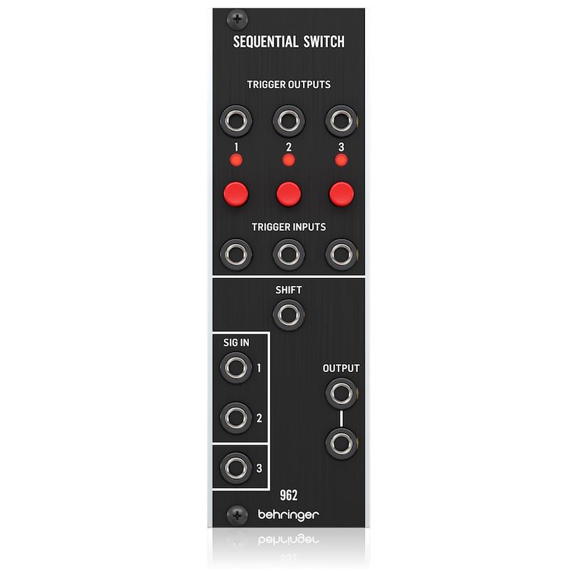 BEHRINGER ユーロラックモジュラーシンセシリーズの962 SEQUENTIAL SWITCHは3チャンネルのシグナルルーター・スイッチングモジュールです。 【Feature】 3つのTRIGGER OUTPUTSジャックは選択されているチャンネルに対応したジャックから+5Vの電圧を出力し続けます。 それぞれのチャンネルボタンはマニュアル操作でのチャンネル切り替えに使用し、現在選択されているチャンネルに対応したLEDが点灯します。 各チャンネルのTRIGGER INPUTにGATE/Triggerを入力すると外部からチャンネルの切替を行うことが可能です。 SHIFTインプットジャックはGate・トリガーを入力する度にチャンネルを切り替えるクロックインプットです。 SIG INジャックの1と2だけにケーブルを刺している場合SHIFTにクロックを入力して切り替わるのはチャンネル1と2のみとなり、3つ全てにプラグを刺した場合は3つのチャンネルが順に切り替わります。 OUTPUTジャックは選択されているチャンネルに入力されている信号を出力します。 2つあるジャックは全く同じ信号が出力されます。 962 SEQUENTIAL SWITCHのSIG INで扱う信号はプラスのユニポーラ(0〜+10V)が推奨です。 マイナスのCVを扱うことも可能ですが、-5Vをピークとなり三角波を入力した場合はマイナス側の波形が変形します。 複数のシーケンサーモジュールと組み合わせてシーケンストラックを切り替え、より長いステップのシーケンスを作るのにオススメです。 TRIGGER INPUTとSHIFTインプットはV-Triggerに対応しています。 【Spec】 ■サイズ:8HP ■Max Depth:24mm ■消費電流 +12V:40mA/-12V:20mA ※画像はイメージです。 ※この商品はモジュール型シンセサイザー（ユーロラック・モジュラーシンセ規格）です。単品での使用はできません。 いくつかのモジュールを組み合わせての使用となります。電源供給ユニット、マウントケースが別途必要です。