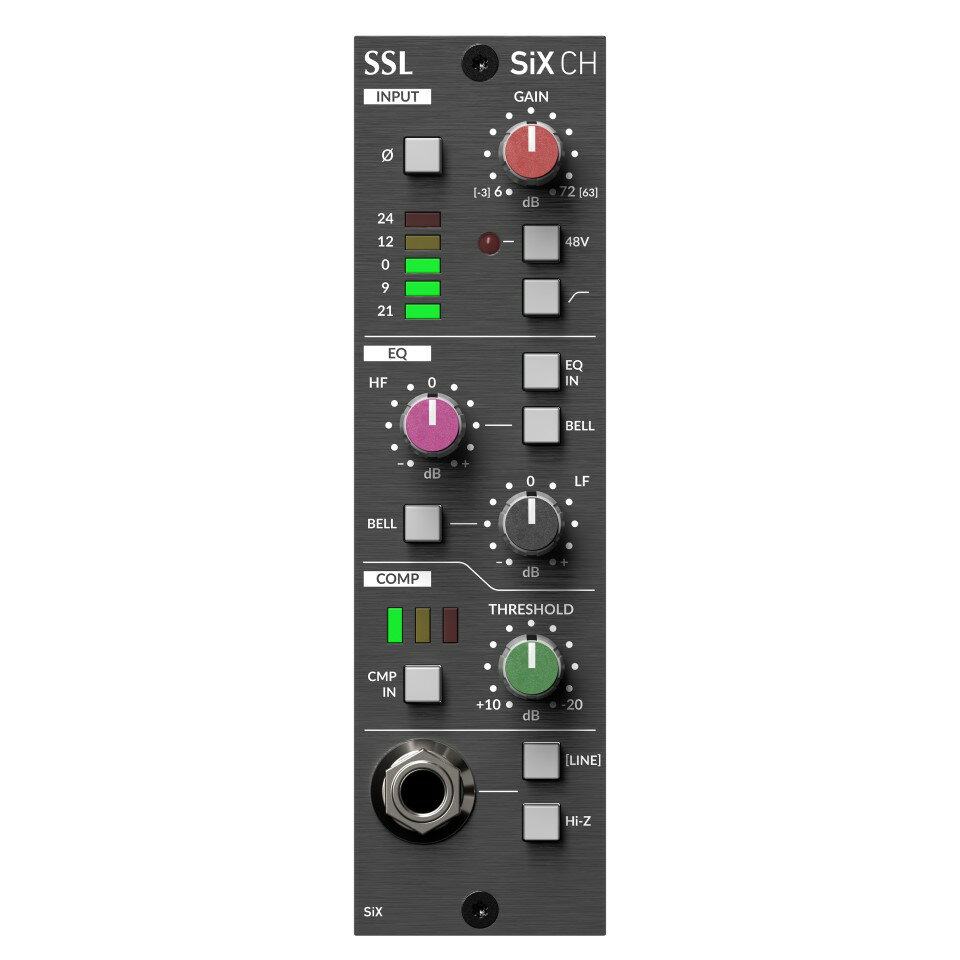 【製品概要】 SSL SiXChannelは、500シリーズチャンネルストリップで、マイクプリ、Low ＆ High EQ、シングルノブコンプレッサーなど、SSLのSiXコンソールのSuperAnalogueチャンネルを使用しています。 SiXChannelは、SiXコンソールのステレオチャンネルを含む、あらゆるプロフェッショナルオーディオデバイスのラインレベル入力に、マイク/ライン入力を追加する簡単な方法です。 SuperAnalogue Pre-Amp input 広いゲイン範囲、超低ノイズのSuperAnalogue設計、ラインとマイクの両方の機能にゲインスイッチが提供され、幅広いソースレベルをカバーします。 ライン入力インピーダンスは10kΩです。これは、Hi-Zスイッチを使用して1MΩに変更できます。1MΩのインピーダンスにより、この入力は、外部DIボックスを必要とせずに、ギターなどの非常に高インピーダンスのソースにも適しています。 その他の特徴 ・スイッチ式の、12dB/oct、75Hzハイパスフィルター ・背面XLRマイクインプット用の極性反転スイッチ ・アウトプットシグナルレベルを表示する5セグメントのLEDメーター EQ EQは、3.5kHzと60Hzの高低シェルビングカーブを備えた穏やかで幅広いストロークの2バンド設計で、+ 15dBから-15dBのゲインで調整可能です。 各バンドは、シェルビングカーブとベルカーブを個別に切り替えることができます。ベルカーブは、中心周波数を変更して5kHzと200Hzで動作するため、2つのコントロールの汎用性が高まります。 COMP シンプルなコントロールからパワフルで用途の広いパフォーマンスを提供する、用途の広いワンノブのチャンネルコンプレッサー。 ゲインリダクションの量を示す3つのLEDメーター。この回路には、Thresholdでの設定した全範囲で、信号レベルを維持するためのオートメークアップゲインがあります。 【主な特徴】 ■48Vファンタム電源、極性反転、ハイパスフィルターを備えたSuperAnalogueマイクプリアンプ ■フロントパネルに設置された、LINE/Hi-Zインピーダンス切り替え可能なTRSインプット ■HFとLFとの2バンドイコライザー ■可変スレッショルドのワンノブコンプレッサー 【製品仕様】 ■Module signal：Mono ■Pre-Amp Gain：Variable from +6 to +72dB(Mic), -3 to +63dB (Line) ■Mic Pre EIN：Typically 129dB ■THD+N：＜0.0015% ■CMRR：＞80dB (Mic), ＞70dB (Line)