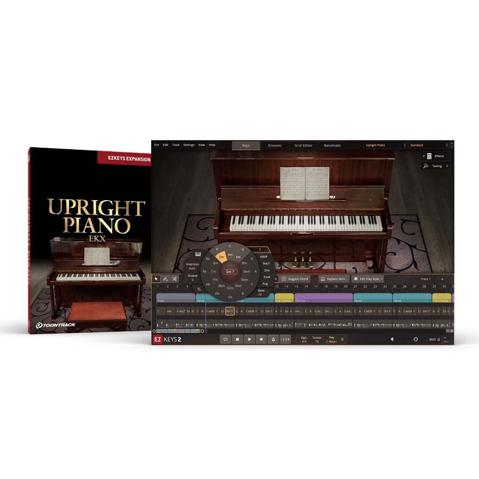 【製品概要】 アップライトピアノを収録したEKX拡張音源！ 『EKX - UPRIGHT PIANO』は、Ostlind ＆ Almquistのアップライト・ピアノを収録した『EZ KEYS』シリーズ専用EKX拡張音源です。 ■Ostlind ＆ Almquistのアップライト・ピアノを収録 スウェーデンにあるワールドクラスのレコーディング・スタジオにて、超一流のモダン＆ビンテージなレコーディング機材だけを使って、ヴィンテージなアップライトピアノ：Ostlind ＆ Almquistを丁寧に収録。他にはない、リッチでウォームな音色が特徴的です。 ■サウンド・プリセットを用意 EZKEYSに内蔵されているOverloud社の高品位エフェクトを使った、プロフェッショナルなサウンドデザイナーによるシグナルチェーン・プリセットを用意。リバーブからテープ・シミュレーション、ディストーションなど幅広い種類のエフェクトを使い、EZKEYSのサウンドを多種多様にサウンドメイクします。 【収録内容】 ■『EZ KEYS - UPRIGHT PIANO』のサウンドについて ・「Ostlind ＆ Almquist」アップライトを精細に収録。 ・Sveriges RadioのStudio 9（スウェーデン）で収録。ベストなレコーディング機材のみを使用（ビンテージ＆モダン）。 ・すべてのサウンドはTOONTRACKが丁寧にデザイン。プリセットを選ぶだけですぐに制作可能。 ・ドラム音源の開発で培った、ベロシティレイヤーを感じさせないダイナミックレスポンス。音が打鍵に吸いつくような、非常に高い演奏性を実現。 ・共鳴音も精細に収録。 ・TOONTRACKが誇るロスレス圧縮技術「TPC」により、RAMの消費量を約500MBに低減。また、立ちあげて数秒程度で演奏可能。 ■『EZ KEYS - UPRIGHT PIANO』のプリセットについて EZ KEYS内部には、Overloud社によるハイクオリティなエフェクトを多数搭載。『EZ KEYS - UPRIGHT PIANO』には、TOONTRACKのサウンドデザイナーによる下記のシグナルチェーン・プリセットを用意。 ・Standard ・Raw Tweaks ・Britpop 1 ・Britpop 2 ・Living Room ・Saloon ・70s Ballad ・70s Epic ・80s Chorus ・90s Dance ・Balladesque ・Southern Comfort ・Swedish House Piano ・Plate in the mix ・Filter Sweep 【ご使用にあたって】 ■本製品は『EZ KEYS』シリーズ専用のEKX拡張音源となります。ご利用には『EZ KEYS 2』ver2.0.0 若しくは『EZ KEYS』ver1.2.5以上が必要となりますのでご注意ください。 ■その他、インストールにはハードディスクに1GB以上の空き領域が必要です。 ■インストーラーはTOONTRACK社Webサイトのマイプロダクトページからダウンロード頂く仕様になっていますので、インターネットへの接続環境が必要です。 ■本製品をご使用いただくにはインターネット経由でのチャレンジ＆レスポンスによるオーソライズが必要です。オーソライズにはインターネットへの接続環境、及びE-Mailアドレスが必要となります。本製品をインストールするコンピュータがインターネット接続されていなくても、別なコンピュータで接続できればオーソライズ可能です。 ■サウンド・モジュールをスムーズに動作させる為に、処理速度の速いCPU及びRAMメモリに十分な余裕があるコンピュータにインストールしてご使用されることをお奨めいたします。 ■ここに掲載している製品の仕様は、予告無く変更されることがあります。 ※動作環境などの最新情報につきましては、メーカー及び代理店の公式HPをご確認ください。 ※ソフトウェア製品という性質上、製品納品後のキャンセルはできかねますので、ご了承ください。 ※こちらの商品はソフトウェア音源となり、実際の楽器ではありません。