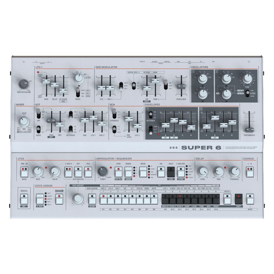 こちらの商品は【Recording Proshop Miyaji (RPM)】のお取り扱い商品です。 お電話でのお問い合わせは03-3255-3332まで。 【製品概要】 サウンドデザインの新たな領域を切り開く、バイノーラル・アナログ ハイブリッド・シンセサイザー Super 6 は、12 ボイス ポリフォニック、バイノーラル・アナログ ハイブリッド・シンセサイザーです。これは最先端のFPGAデジタル・ハードウェア・オシレーターとヴィンテージ機材に多く採用されていた電圧制御のアナログ・テクノロジーの調和と融合の結果であり、様々なプレーヤーの要求に瞬時に答えることができるゴージャスなアナログ・サウンドを出力します。その繊細さと力強さを併せ持つ豊かな音質は、ユニークなスーパーウェーブ・テーブルコア、バイノーラル・アナログ信号経路、高度なモジュレーションによって形成されます。洗練されたコントロールパネルを使ってプレーヤーは自由に、溢れ出る感性のままに音作りを行うことができます。 ■スーパー・コンパクトなSuper 6 Desktop Super 6 の洗練された操作性、ゴージャスなアナログ・サウンド、スタイリッシュなデザインといった優れた特徴を犠牲にすることなく、ダウンサイズ化を目標に設計しました。このSuper 6 Desktopは、Super 6のアナログ・ハイブリッド・12ボイス・シンセサイザーの機能をフル装備しながら、新設計のコンパクトで軽量な金属製ケースの中に凝縮した音源です。Super 6 Desktopは、VESAマウント準拠、オプションのラック金具（7U）、パネルに傾斜を与える底面の折りたたみ式の脚などの人間工学的な機能も備えており、さらに24ボイスの巨大なSuper 6ポリチェーン・オプション（将来のアップデートで）も搭載しています。 ■スーパーボイス：バイノーラルとは？ バイノーラルは、ペアになった2つのシンセサイザーボイス（ステレオ信号）から生まれる効果です。Super 6 のバイノーラル・モードでは、左右の耳に完全に独立したシンセサイザー・ボイスが割り当てられ、それぞれのオシレータ、フィルター、アンプ、その他のパラメータに相対的な定位、周波数、位相、音量のずれや動的な変化を作り出すことができます。このユニークな機能は微細から極端な効果まで、音の「広がり」に実験的で独特な結果をもたらすことができ、従来のモノラル信号の出力を左右にパンしただけの場合に比べ、ダイナミックな3次元空間での表現が可能になりました。バイノーラル・モードはSuper 6 の最大の特徴で、従来の2つのボイスをペアとして使ったステレオ「スーパー」ボイスを6つ持つことから「Super 6」と名付けられました。 【製品特徴】 ■過去の名機にインスパイアされ、現代に生まれた楽器 ■バイノーラル・アナログ信号経路 ■直感的な操作で使用できる強力なモジュレーション ■アナログ・ボイスの構成 【製品仕様】 ■外形寸法 幅：452mm ■奥行き：293mm ■高さ：103mm（ノブを含む） ■重量：5.5Kg ■付属品：ACケーブル、日本語マニュアル