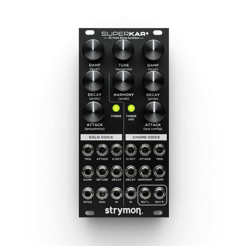 こちらの商品は【Recording Proshop Miyaji (RPM)】の取り扱い商品です。 お電話でのお問い合わせは03-3255-3332まで。 【製品概要】 新しいタイプのシンセモジュール SuperKar+は、Karplus Strongシンセシスを新たな高みへと引き上げました。32ボイスポリフォニーに加え、撥弦、 弓弾き、吹奏、タッピングなど、多彩なテクスチャーを提供し、新たな音への探求を刺激します。 本機には、独立使用できる2つのボイスエンジンを搭載し、幅広いサウンドを提供します。CV入力から高度で拡張されたコードを生成したり、MIDI 経由でソロボイスをコントロールしたり、制御電圧(CV)で種々のパラメーターをモジュレートしたり、様々な方法でオーディオをルーティングしたりと、12HPという小型パッケージながら、非常にパワフルなボイスモジュールを完成しました。 ※この商品はモジュール型シンセサイザー（ユーロラック・モジュラーシンセ規格）です。単品での使用はできません。 いくつかのモジュールを組み合わせての使用となります。電源供給ユニット、マウントケースが別途必要です。