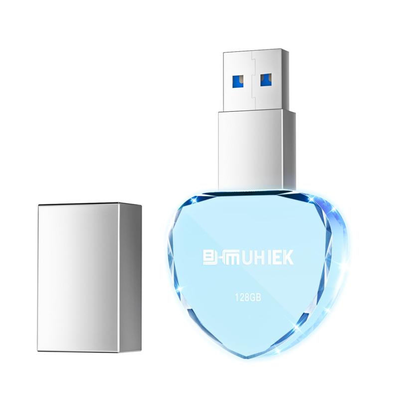 BHMUHIEK USBメモリ 3.0 128GB 水晶ガラス製 ハート型 LEDライト USBフラッシュメモリ 恋人への贈り物