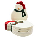 雪ダルマ クリスマス コースター 4枚セット ホワイト ハンドペンティング ハンドメイド ドリンク用 雑貨 インテリア ホームパーティ プレゼント CR002