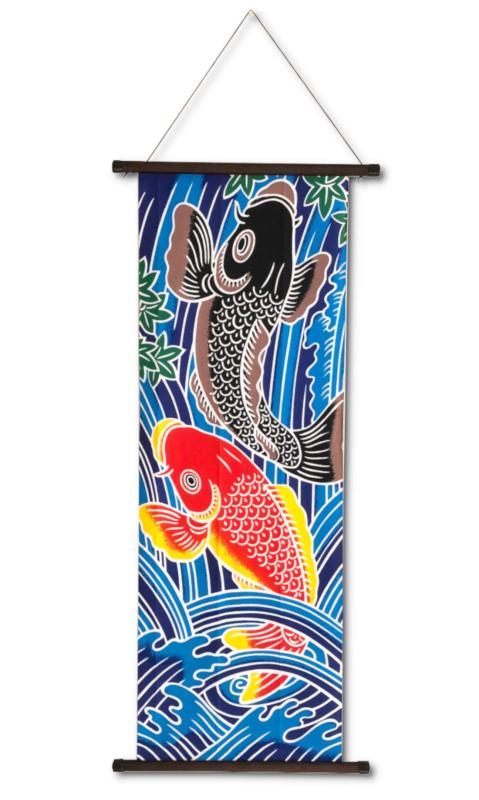 手ぬぐい タペストリー 壁飾り 天然木棒セット 日本製 伝統 職人 鯉の滝登り 登龍門