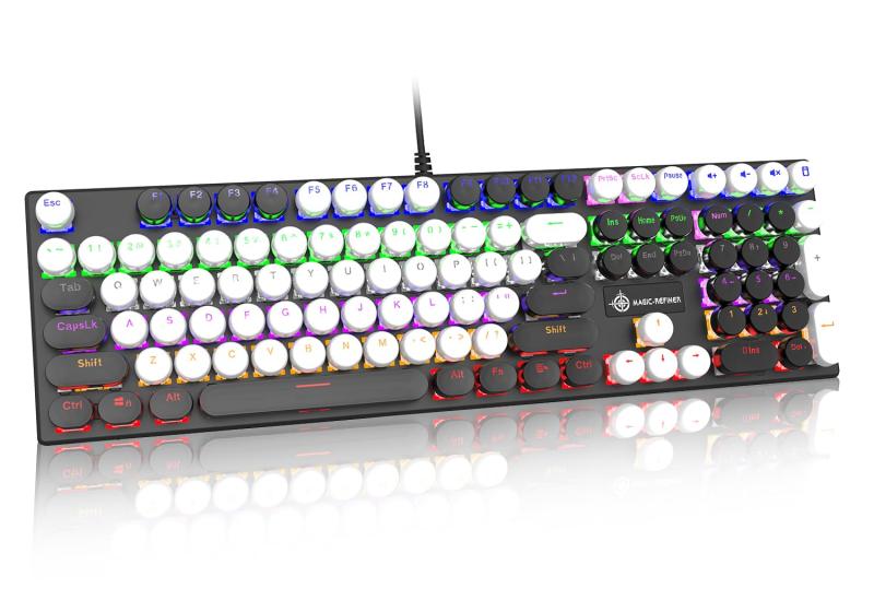 ZIYOU LANG 有線パンクキーボード メカニカルキーボードノブ付き レトロなラウンドキーキャップ タイプライター 青軸 104キー フルキーアンチゴースト 白色LED 25種類のバックライトモード USB