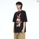 かわいい Tシャツ メタ 夏 おしゃれ プリント ウサギ ファッション カジュアル カップル 半袖 ラウンドネック 黒 白 カーキ