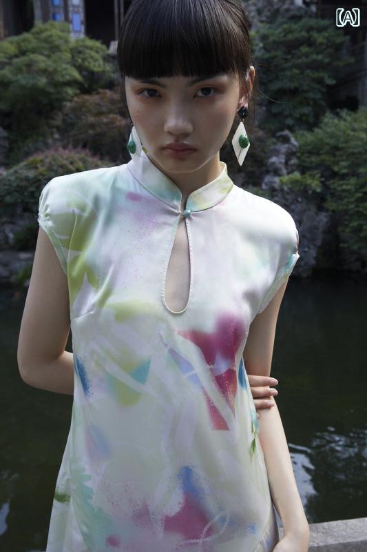 花柄 ドレス ブルードット デザイナー パターン フリル 改良 中国風 チャイナ スタンドカラー ロングスカート