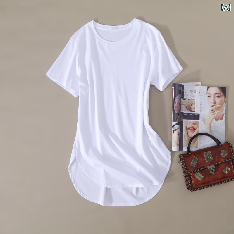 ダークカラー Tシャツ 女性用 コットン ラウンドネック 半袖 トップ スリムフィット ホワイト ブラック